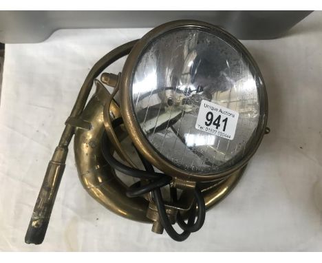 A brass Lucas boat search light &amp; a brass horn