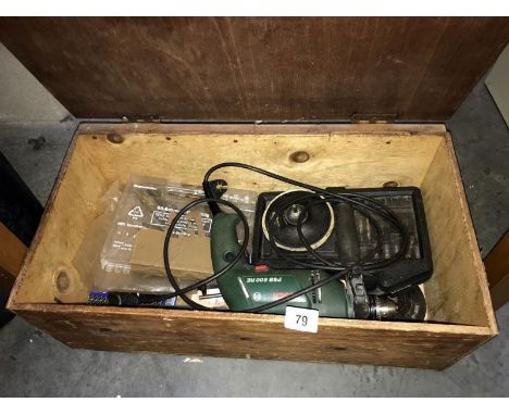 A wooden toolbox with a Bosch electric drill &amp; drill bits