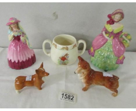 A W.H. Goss Lady Rose figure, a Coalport Annette figure, Beswick and Adderley dog figures and a Royal Doulton Bunnikins sugar