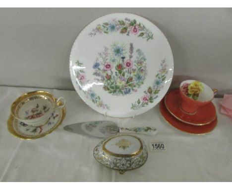 An Aynsley 'Wild Tudor' cake plate with slice, a China Trio, A china cup and saucer and a French egg trinket box.