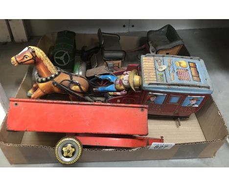 A quantity of tin plate toys including Mettoy tractor