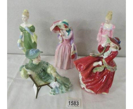 5 Royal Doulton figures - Top O' The HIll, Ascot, Miss Demure, Daphne and Lorna.