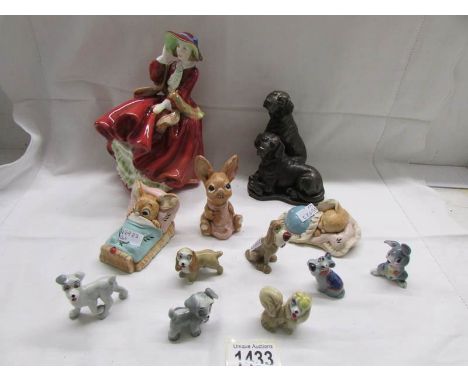 3 Pendelfin figures, 7 Wade figures, a Dog Figure and á Royal doulton figurine 'Top o' the Hill'