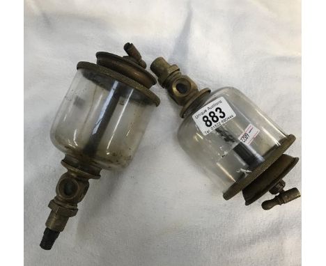 2 vintage brass steam/stationary engine oilers, 1 glass is cracked