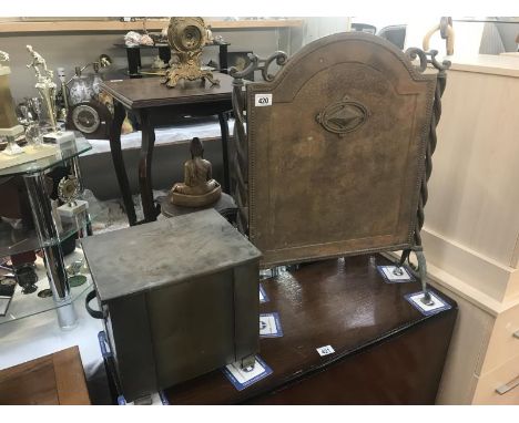 An Edwardian brass fire screen and coal box