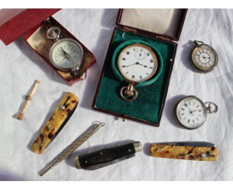 A silver fob watch, with a white enamel dial and Roman numerals together with a white metal fob watch, a gold plated open fac