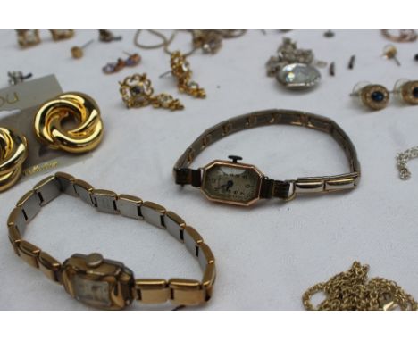 A 9ct gold lady's Ingersoll wristwatch together with a stick pin and assorted costume jewellery including a compact, necklace