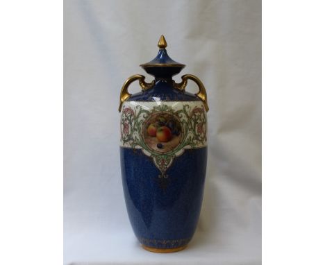 A Royal Worcester porcelain twin handled vase and cover, the gilt decorated domed cover with a pointed gilt finial, the body 