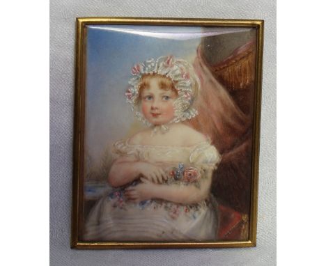 19th century British School
A study of a child wearing a bonnet and dress holding flowers 
A portrait miniature
8 x 6.5cm CON