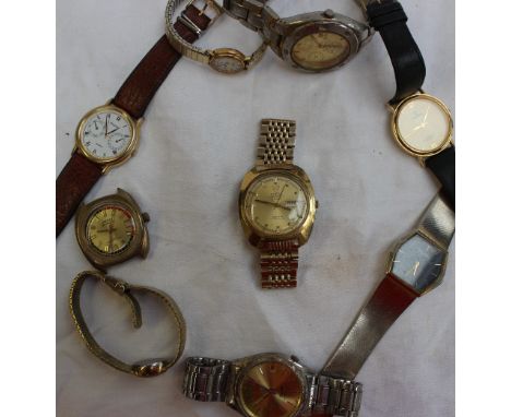An Omega Electronic f300hz Geneve Chronometer gentleman's wristwatch, with a gilt dial day and date, together with other gent