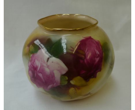 A Royal Worcester vase of spherical form painted with roses to an ivory ground, green mark, G161, painted 15.10 date code for