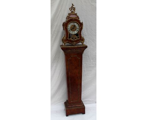 A reproduction continental burr walnut bracket clock, with gilt metal mounts and feet, the 17cm circular dial with Roman nume