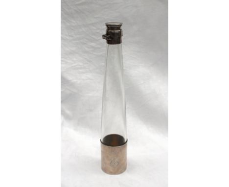 A Victorian silver and glass hunting flask, of tapering cylindrical form with a removable base, London, 1875, Chawner & Co (G