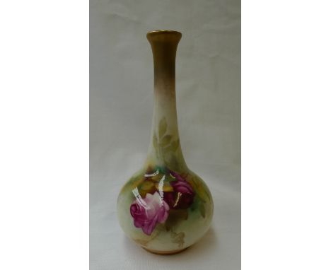 A Royal Worcester porcelain single stem vase painted with roses to an ivory ground, 14cm high purple mark and date code for 1