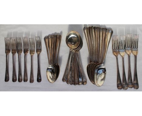 A George V silver part flatware service, comprising, four table forks, ten table spoons, six dessert forks, six dessert spoon