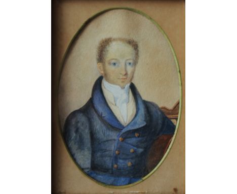 19th century British School
Head and shoulders portrait of a gentleman in a blue frock coat
An oval miniature
13 x 9cm