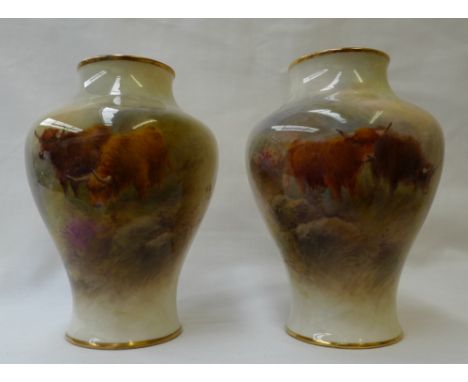 A pair of Royal Worcester porcelain vases of inverted baluster form painted with highland cattle in a landscape signed H Stin