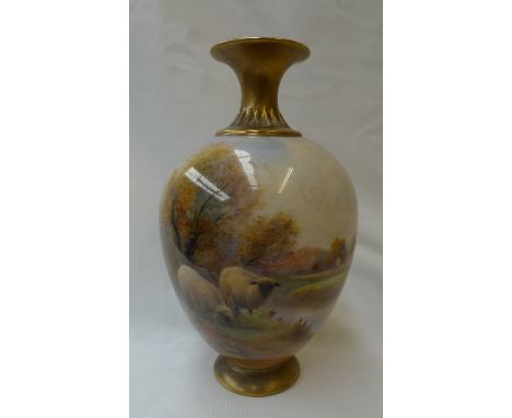 A Royal Worcester porcelain vase with a waisted gilt neck, the body painted with sheep grazing by a river with a cottage in t
