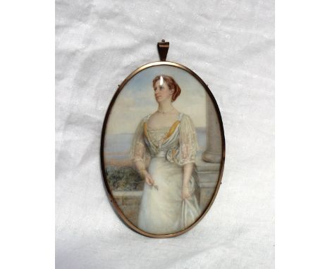 Ethel Jenner Rosenberg
Mrs Dudley Drummond
A three quarter length portrait standing on a terrace with the sea beyond
An oval 