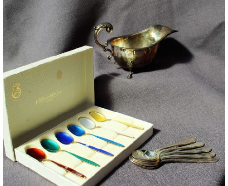 A boxed set of David Andersen enamel and gilt decorated coffee spoons, marked 925S Norway Sterling, together with a silver sa