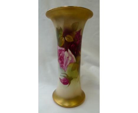 A Royal Worcester porcelain waisted vase, painted with roses and leaves, to an ivory ground, signed K M Blake, green mark, G9