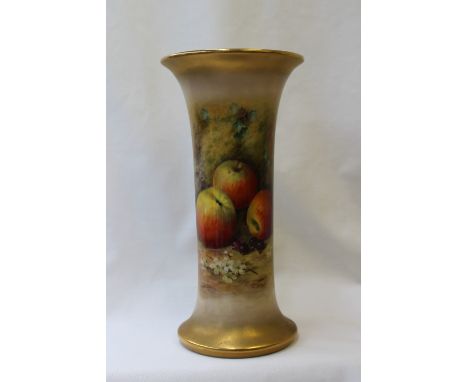 A Royal Worcester porcelain fruit painted waisted vase, painted with apples and black currants in a naturalistic setting to a