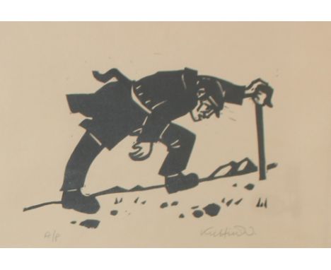 After Sir Kyffin Williams RA
A farmer climbing a hill with a walking stick
A Linocut artists proof print
Signed in pencil 
28