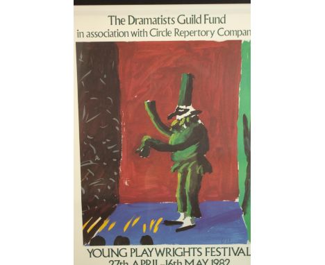 Young Playwrights Festival 27th April - 16th May 1982, a framed coloured poster depicting David Hockney painting Pulcinella w
