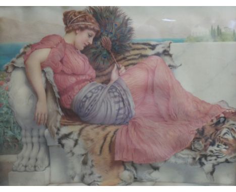 After John William Godward (British 1861-1922) portrait of Amaryllis, framed coloured print on paper, possibly advertising Pe