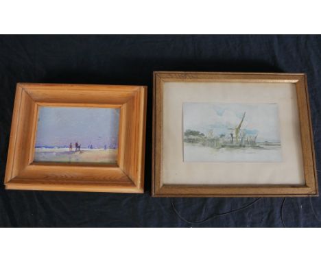 Chattern (20th century), figures on a beach, framed oil on board, signed and dated together with a framed coloured print afte