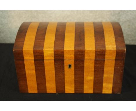 Tea caddy, 19th century mahogany and satinwood with etched crystal mixing bowl. H.15 W.26cm. 