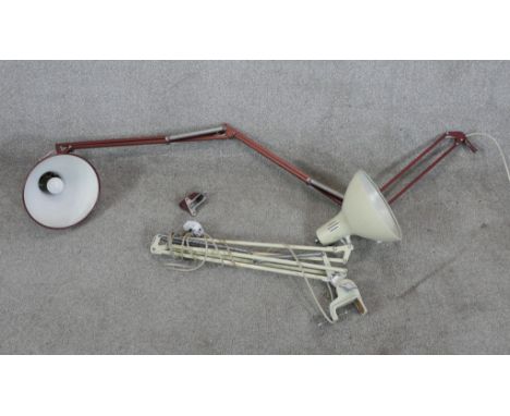 Two anglepoise lamps. The red lamp stamped 'Made in Norway' the other made by 'Thousand and One Lamps'. 
