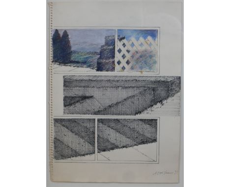 Unknown artist. An architectural study on paper. Crosshatch ink and coloured pencil. Float mounted in a white frame. Dated 19