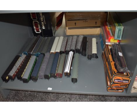 A Shelf of 30 Hornby, Bachmann, Mainline and similar 00 gauge carriages, some with boxes