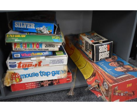 Nine 1960's and later toys and games including Marx Silver Lone Ranger Horse, Mousetrap, Sport Trainer, Ants In The Pants etc