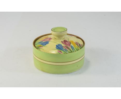 Clarice Cliff Hand Painted Circular Lidded Jar ' Crocus ' Design. c.1929. Nice Condition. Size 3 Inches High, 4 Inches Diamet