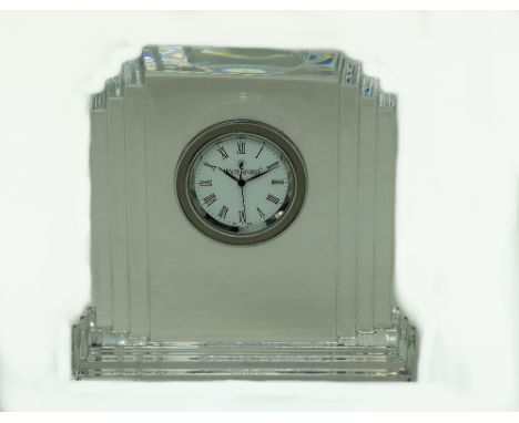 Waterford - Art Deco Style Cut Crystal Small Table Clock. Marked Waterford. 3.5 Inches High, 4 Inches wide. Excellent Conditi