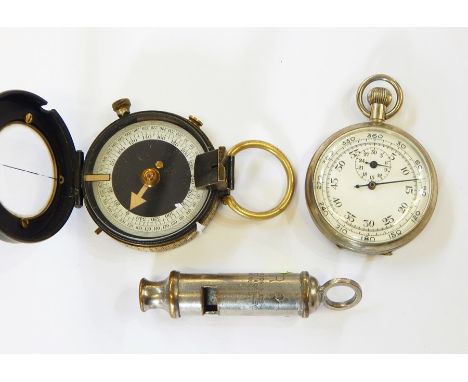 Miliper Swiss brass cased pocket compass B-L no.31241 1915, a white metal stopwatch and an ARP whistle by J Hudson & Co (3) 