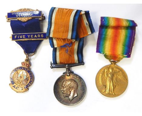 WWI War medal and Victory medal named to " 19525. PTE. H. BOOTH. G. GDS. " A.C.C. brass and enamel medal named to " H. BOOTH,