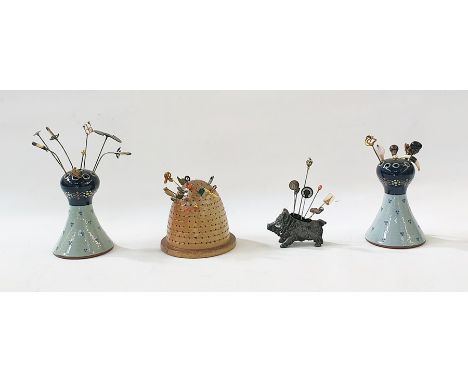 Collection of hatpins to include gold, metal and turquoise, silver and ? tortoiseshell, enamelled and hardstone, three cerami