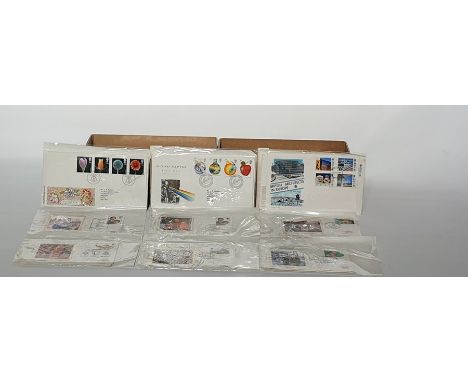 Box of duplicate decimal and silk First Day Covers and commemoratives, about 80 and a box of ordinary decimal First Day Cover