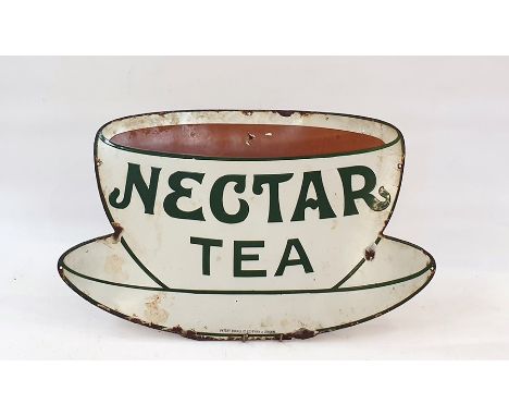 A metal enamelled nectar tea advertising sign, in the form of a teacup and saucer, in white and green enamel, inscribed "Pate
