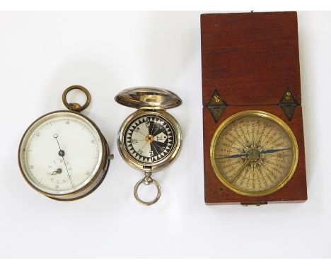 Antique wooden cased pocket compass with printed dial, a brass cased pocket stopwatch and an E D Coehn Geneva Switzerland met
