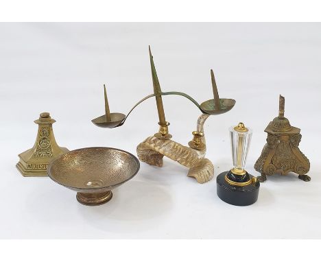 A brass hexagonal section base inscribed AVECRUX SPESURICA, a horn and brass mounted candleabra, 35cm high,&nbsp;a glass moun