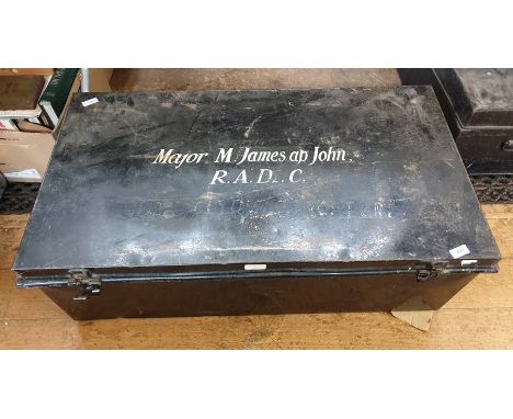 Metal trunk containing military uniform, including Sam Browne, boots and Japanese text books, with a further smaller tin trun