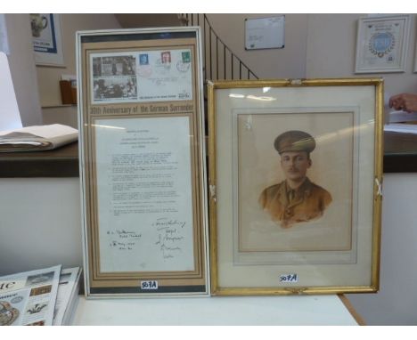 This lot is lot 540A

Copy of The German Surrender 1945 with 30th anniversary First Day Cover, framed, 
and watercolour drawi