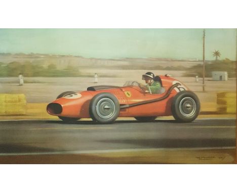 Signed limited edition print by Graham Turner "Champagne Victory Mike Hawthorn in his Ferrari DNO426 in the 1958 French Grand