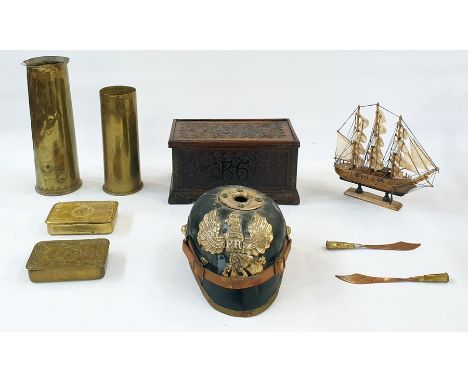 World War I trench art including German POW box, two WWI Christmas tins , German helmet and foil fencing sword