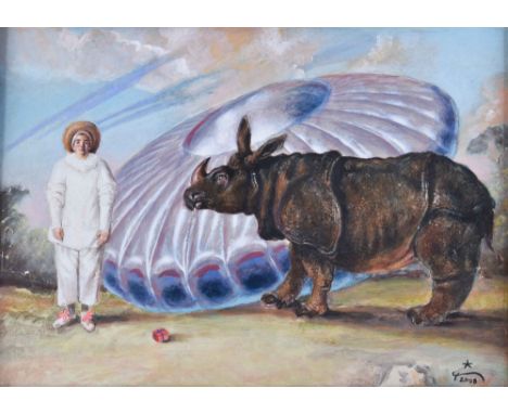 Harald K. SCHULZE (1952)  Mezzetin und Ondry's Nashorn Gemälde - Acryl auf festem Malkarton, 32,5 cm x 46 cm, gerahmt 46,5 cm