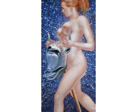 Harald K. SCHULZE (1952)  Europa und der Stier Gemälde - Acryl auf Leinwand, 123 cm x 61 cm, gerahmt 146 cm x 87 cm,rechts un